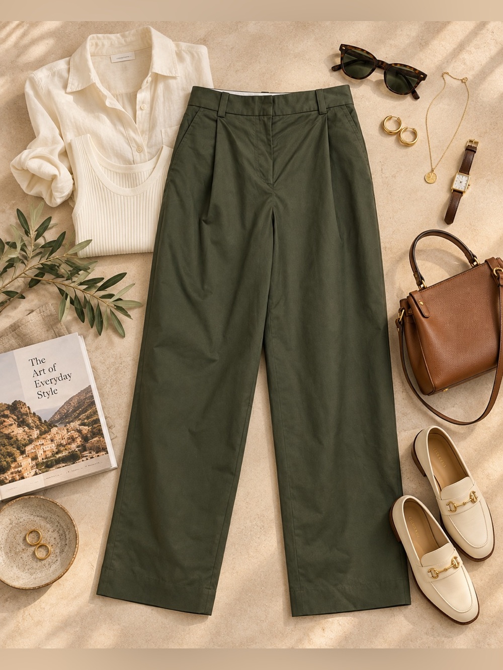 & Other Stories Olive Green Pleated Straight-Leg Cotton Trousers Size 4